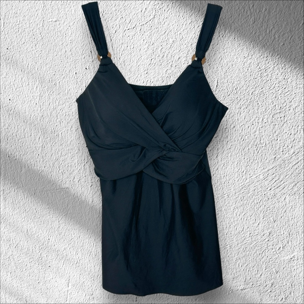 Miraclesuit 34DD Plunge Tankini Top‎ Underwire Neutral Minimalist Sexy Slimming